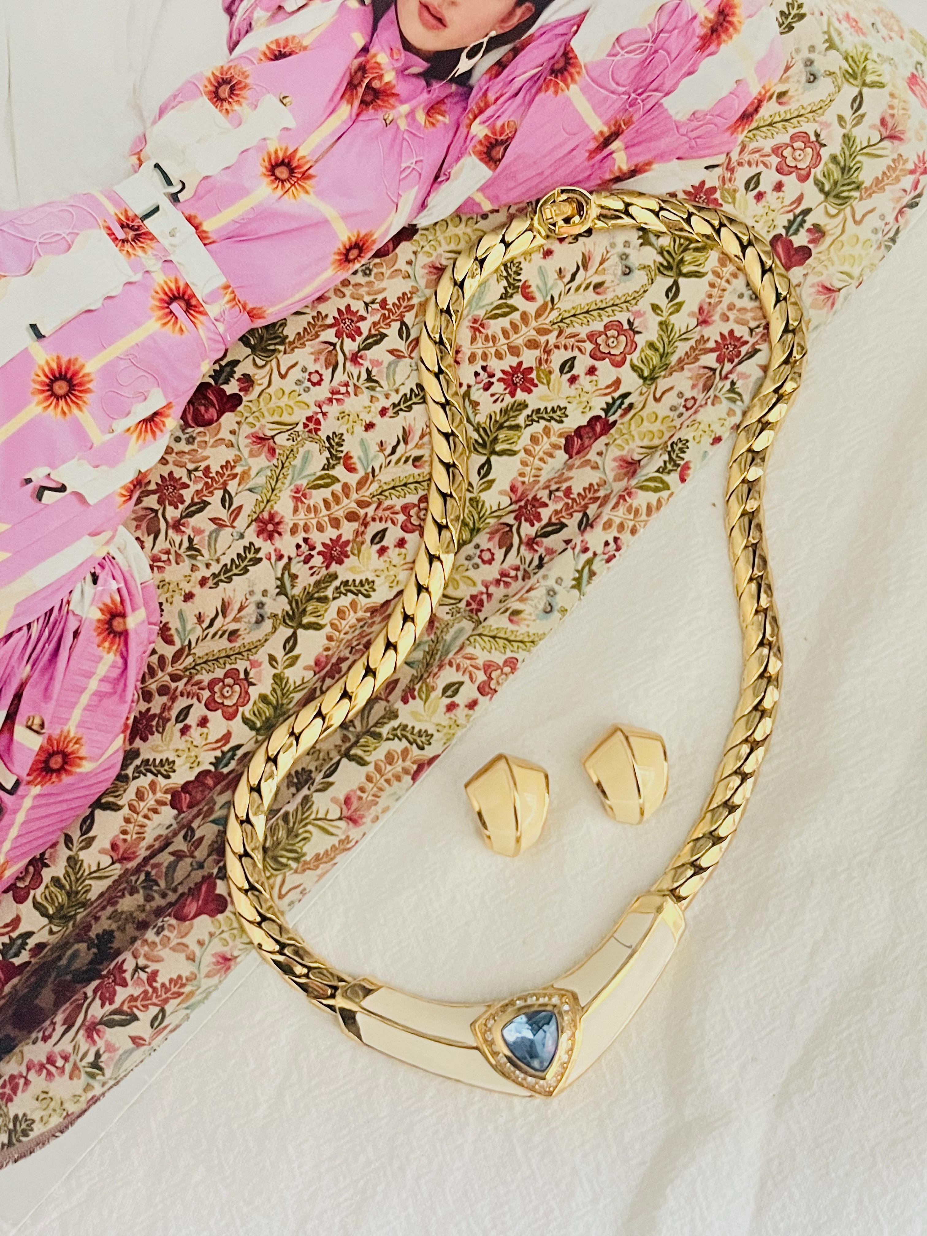 Christian Dior Vintage Aqua Blue Triangle Crystals Beige Set Necklace Earrings 1