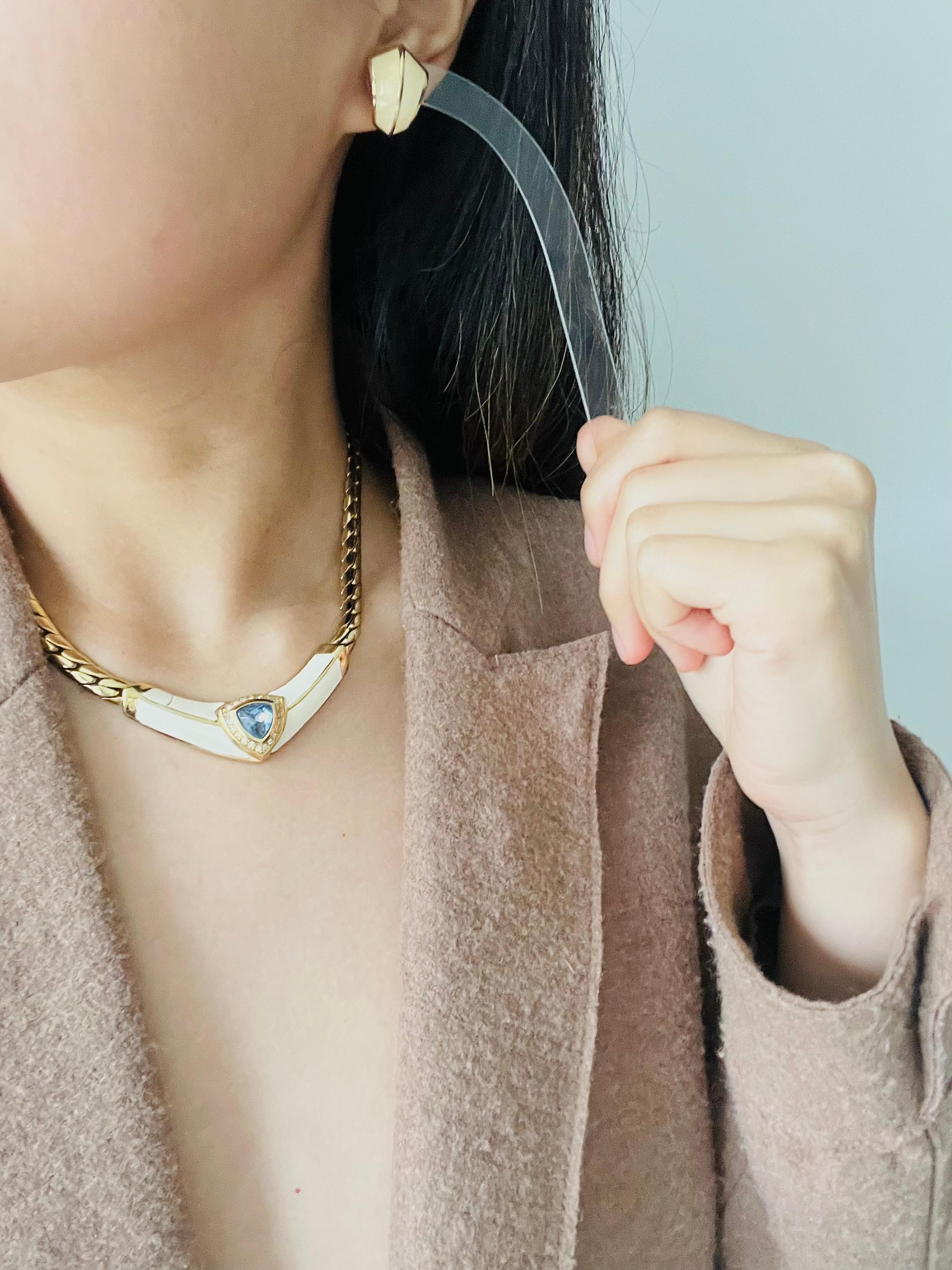 Christian Dior Vintage Aqua Blue Triangle Crystals Beige Set Necklace Earrings 3
