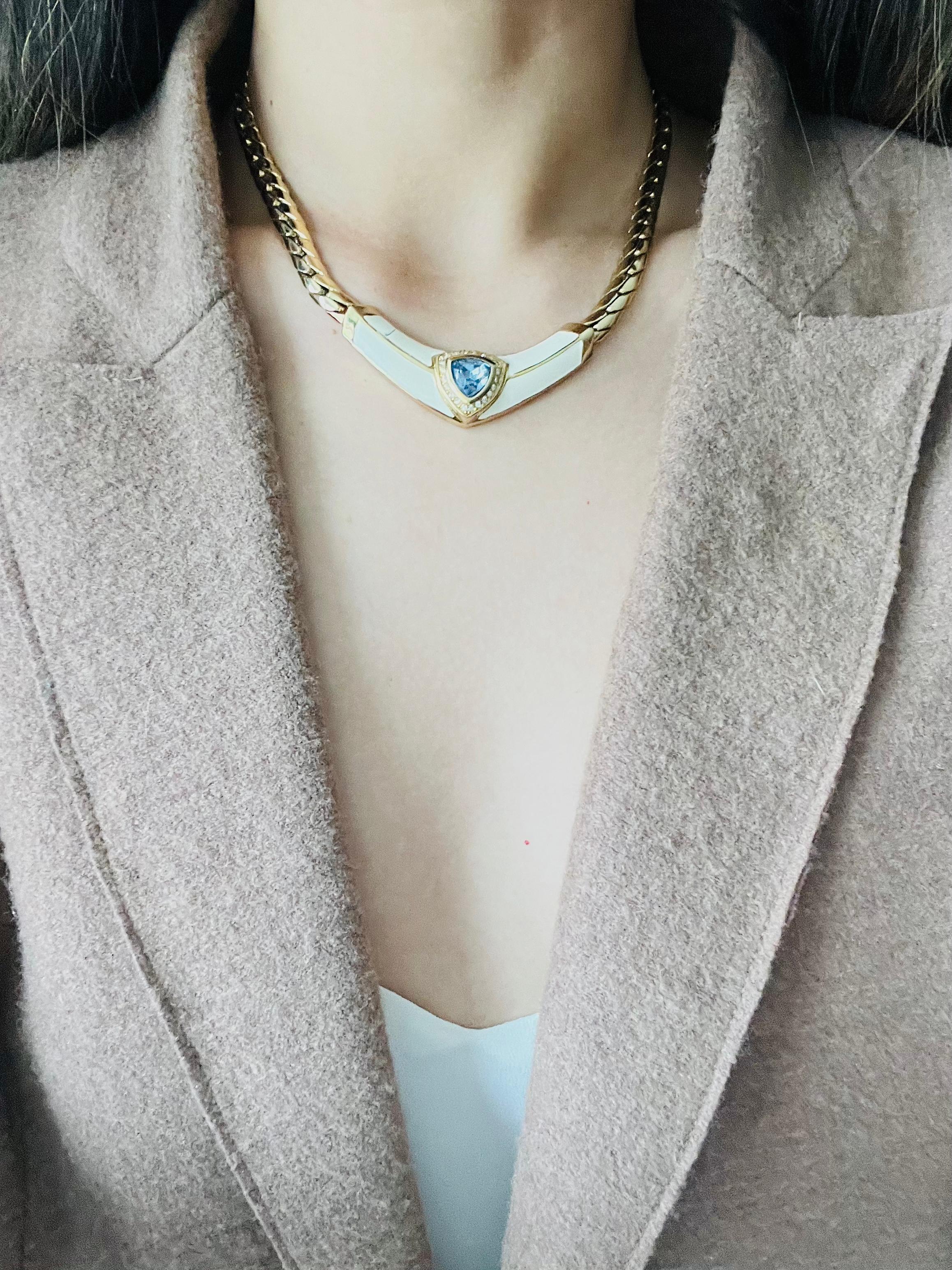 Christian Dior Vintage Aqua Blue Triangle Crystals Beige Set Necklace Earrings 4