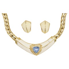 Christian Dior Vintage Aqua Blue Triangle Crystals Beige Set Necklace Earrings