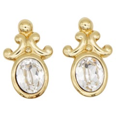 Christian Dior Vintage Baroque Blossom Flower Large Oval Crystal Clip Earrings