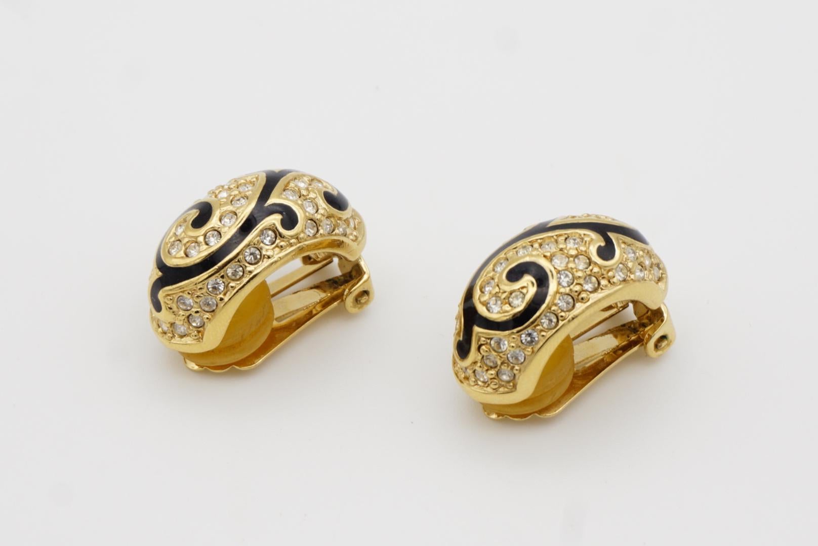 Christian Dior Vintage Baroque Large Black Vine Crystal Demi Dome Clip Earrings 6