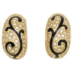Christian Dior Vintage Baroque Large Black Vine Crystal Demi Dome Clip Earrings