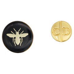 Christian Dior Vintage Bee Black Round Logo CD Circle Pin Brooch Gold Silver Set