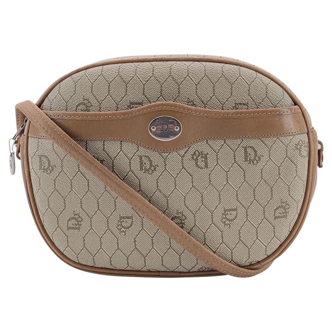 Christian Dior Vintage Beige Honeycomb Logo Canvas Shoulder Bag For Sale