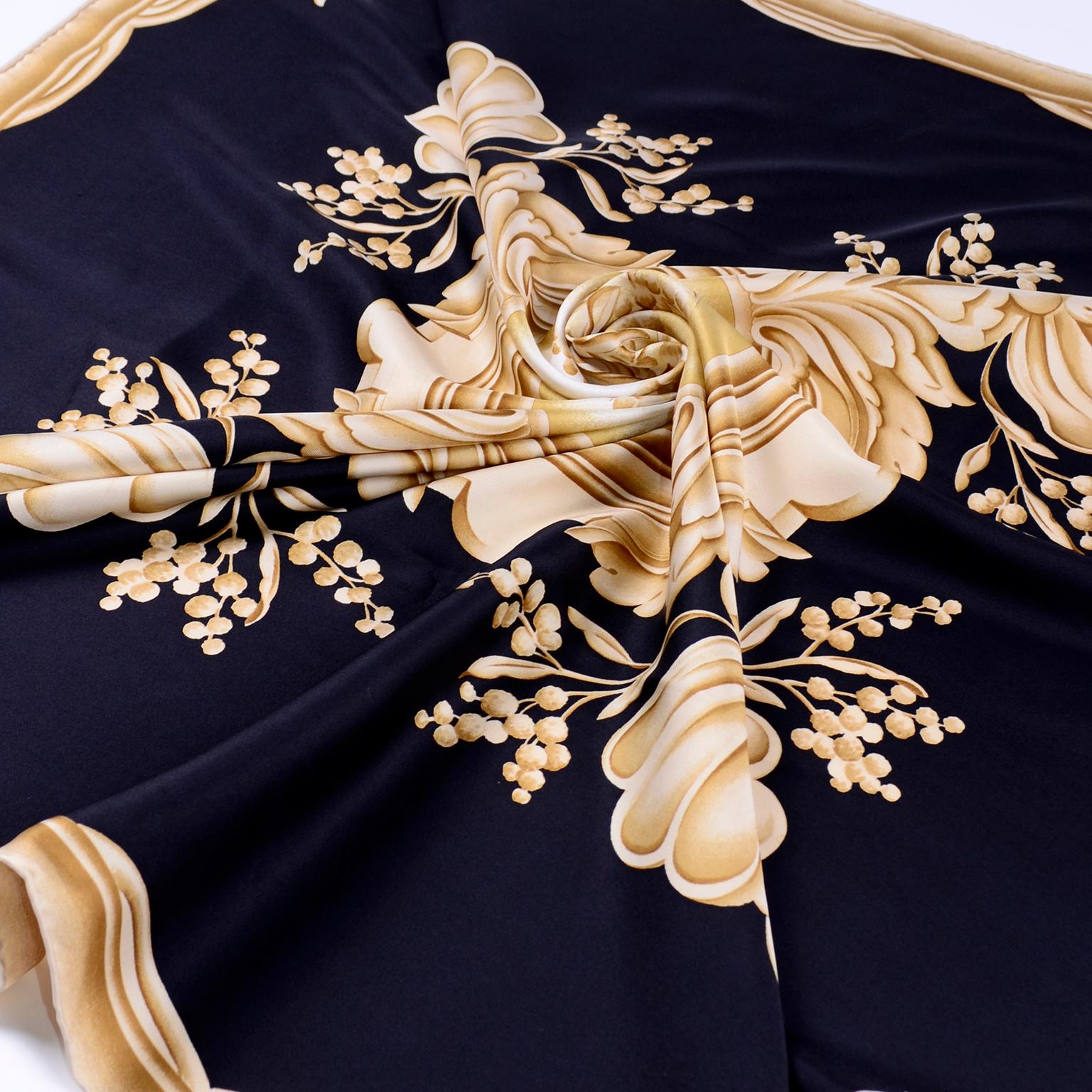 Christian Dior Vintage Black and Gold Silk Ornate Print Scarf In Excellent Condition In Portland, OR