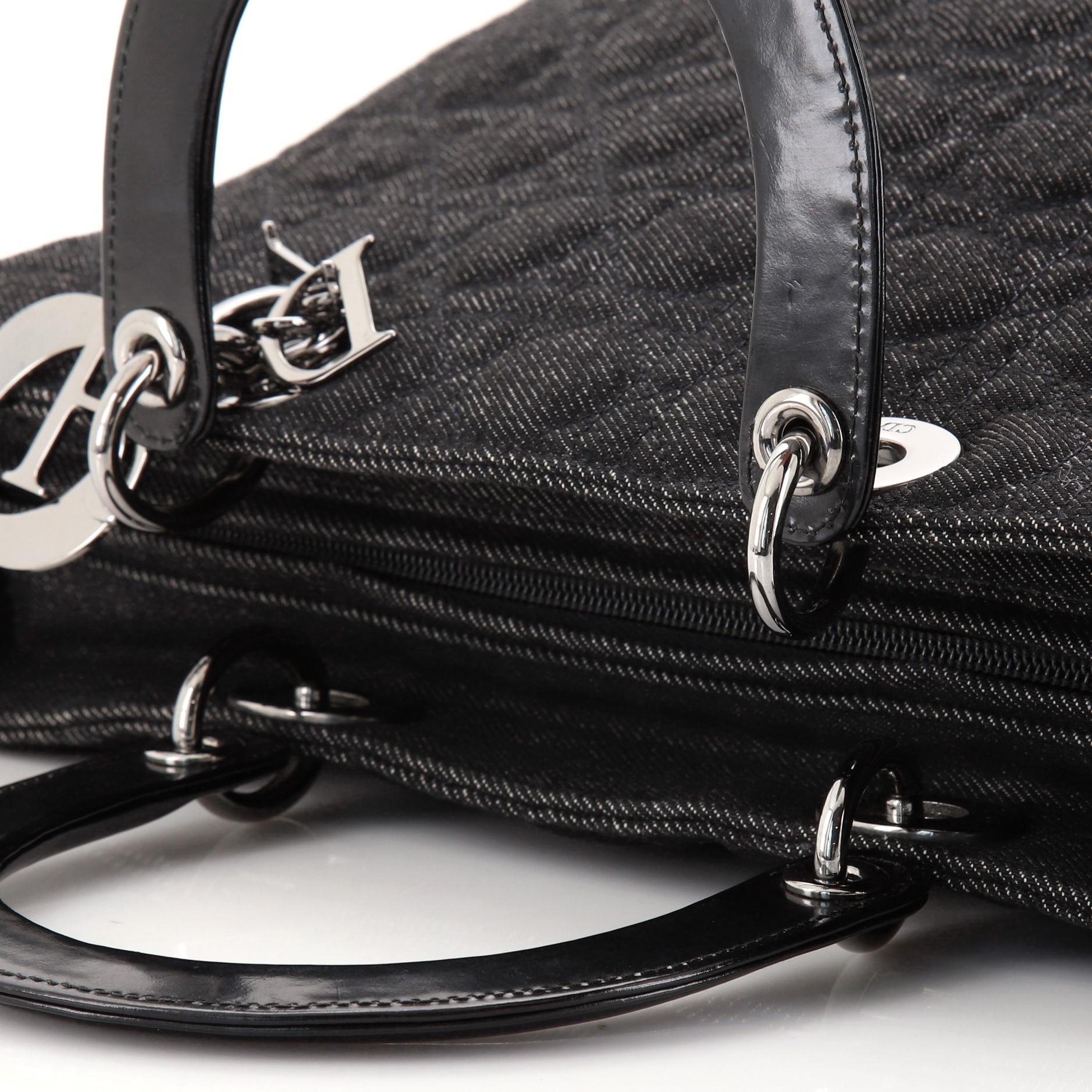 Christian Dior Vintage Black Cannage Quilt Denim Large Lady Dior Tote Bag In Good Condition For Sale In Irvine, CA