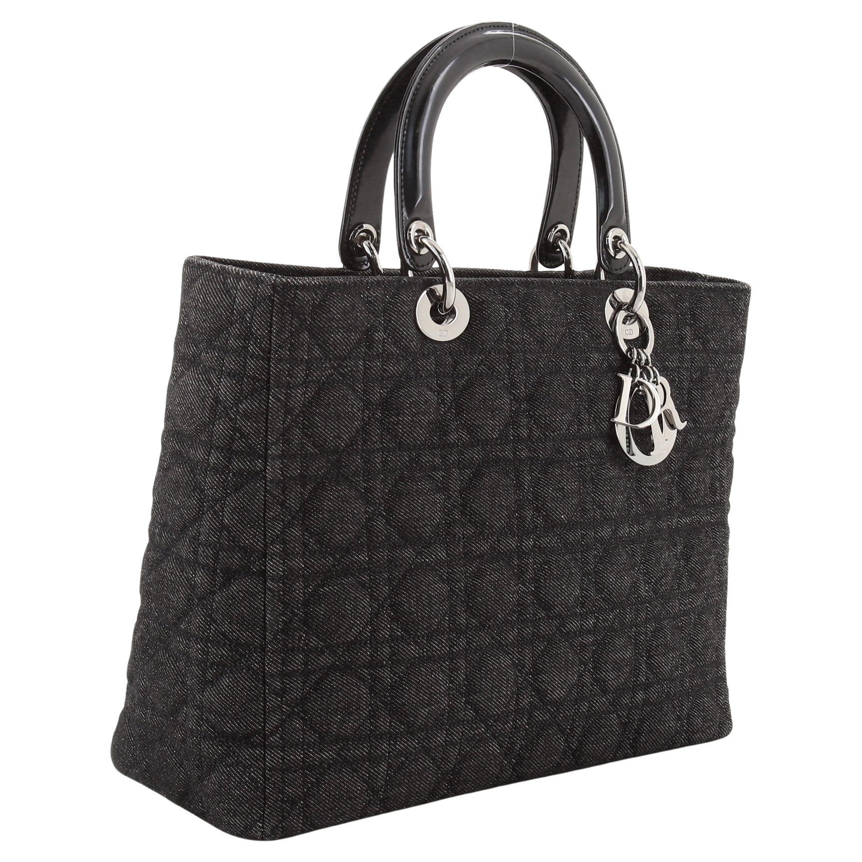 Christian Dior Vintage Black Cannage Quilt Denim Large Lady Dior Tote Bag For Sale