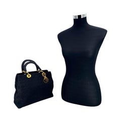 Christian Dior Vintage Black Cannage Quilted Fabric Lady Dior Tote Bag