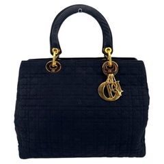 Christian Dior Vintage Black Cannage Quilted Fabric Lady Dior Tote Bag