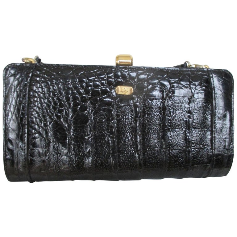 Christian Dior Vintage Black Croco Leather Clutch / Shoulder Bag