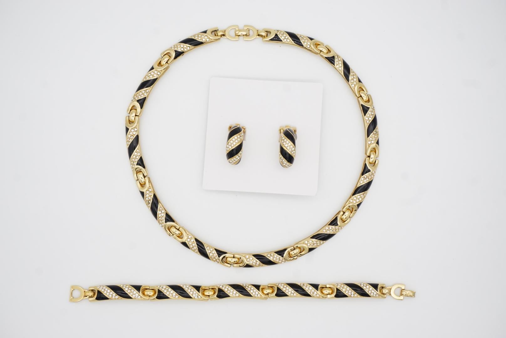 Christian Dior Vintage Black Crystals Interlinked 3 Three Modenrist Gold Set For Sale 7