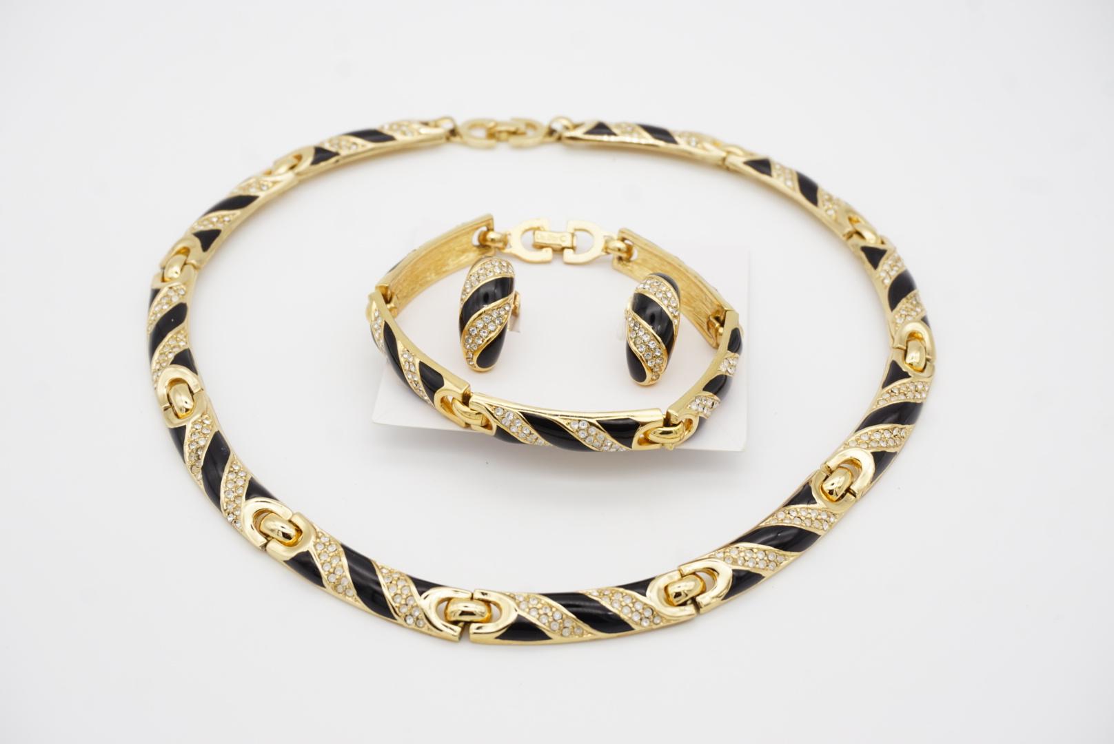 Christian Dior Vintage Black Crystals Interlinked 3 Three Modenrist Gold Set For Sale 8