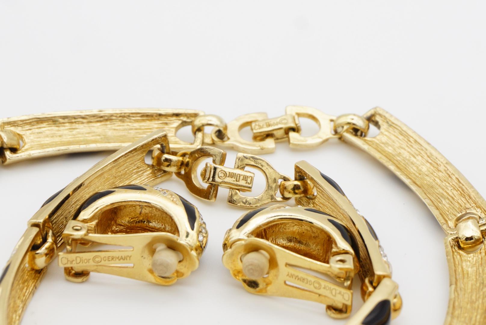 Christian Dior Vintage Black Crystals Interlinked 3 Three Modenrist Gold Set For Sale 9