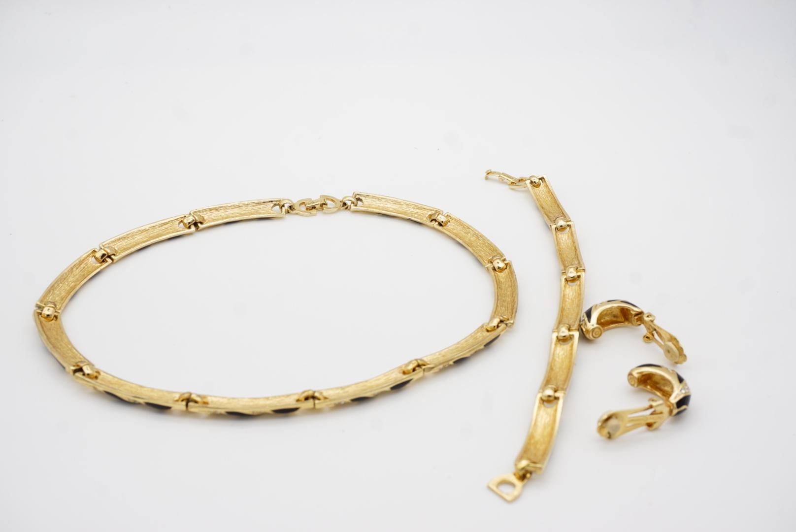 Christian Dior Vintage Black Crystals Interlinked 3 Three Modenrist Gold Set For Sale 10