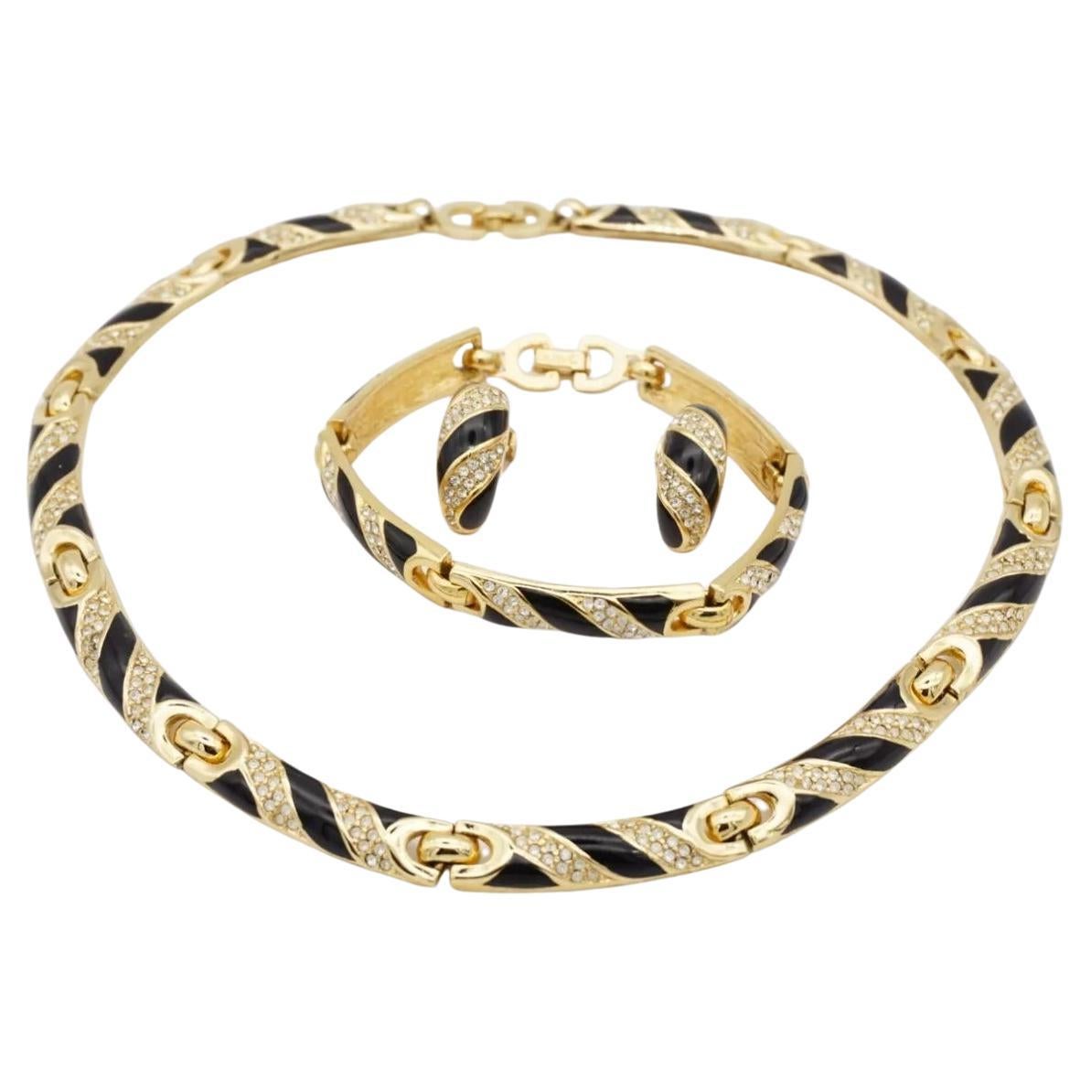 Christian Dior Vintage Black Crystals Interlinked 3 Three Modenrist Gold Set For Sale