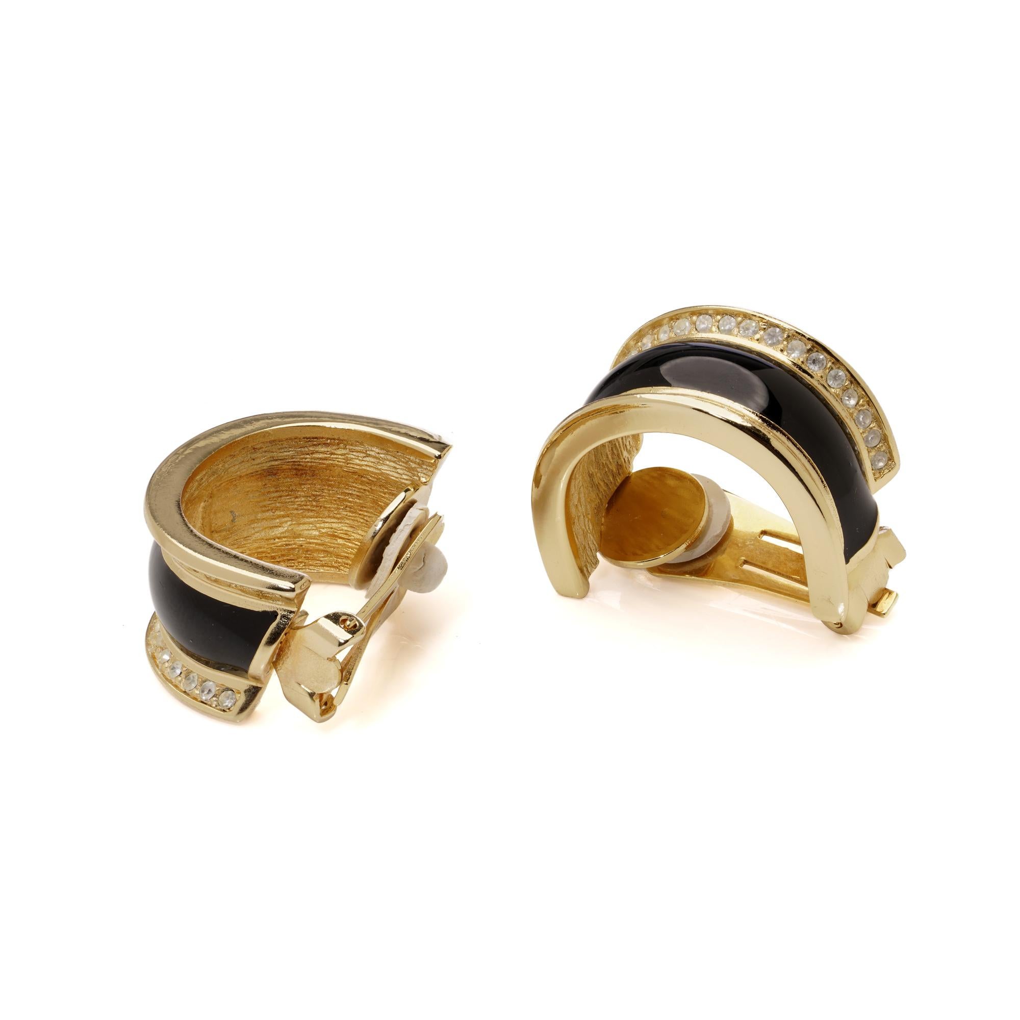 Women's Christian Dior Vintage Black Enamel & Crystal Clip-On Earrings For Sale
