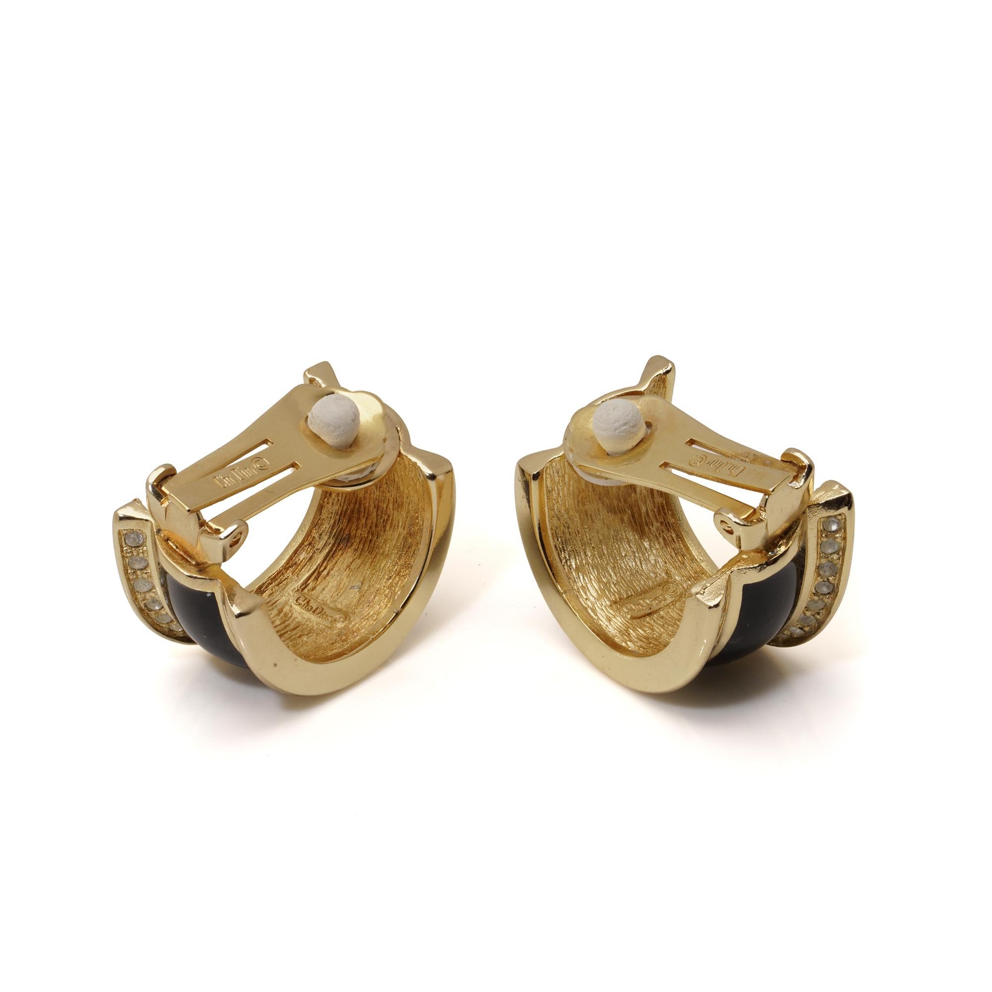 Christian Dior Vintage Black Enamel & Crystal Clip-On Earrings For Sale 1