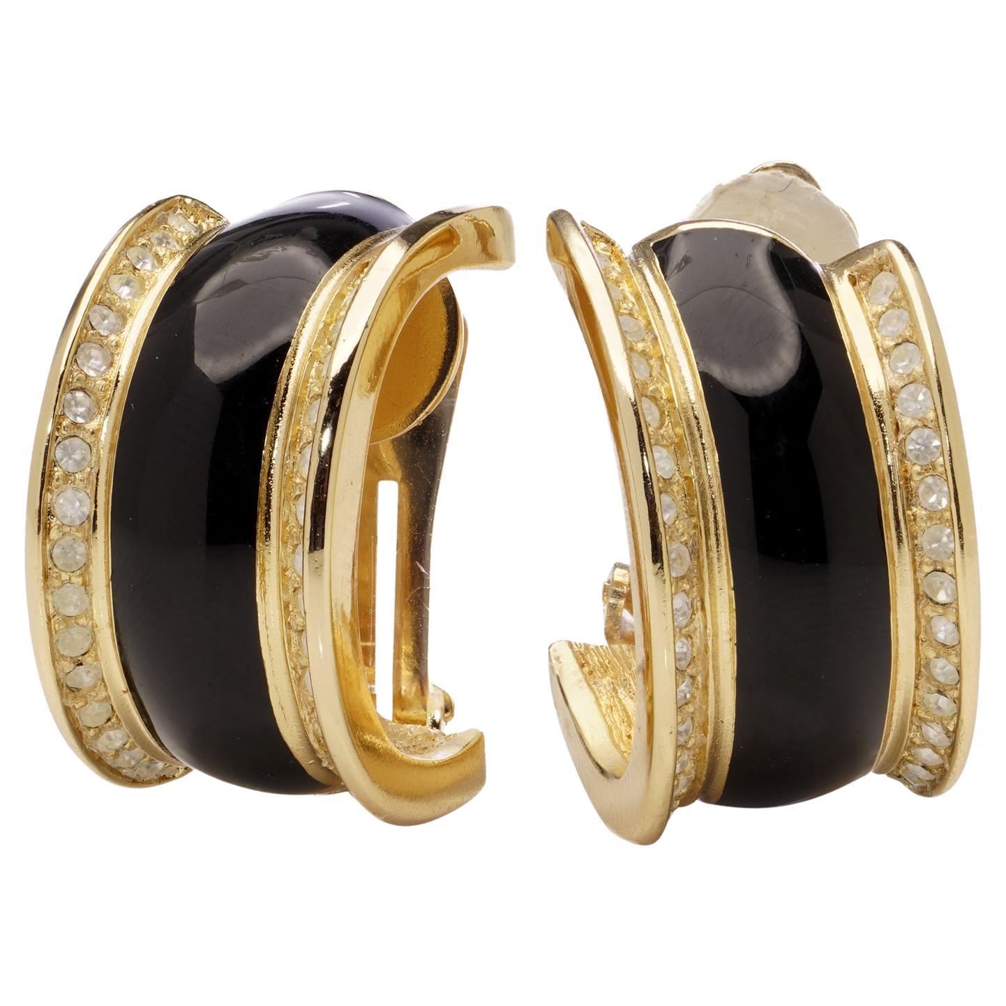 Christian Dior Vintage Black Enamel & Crystal Clip-On Earrings For Sale