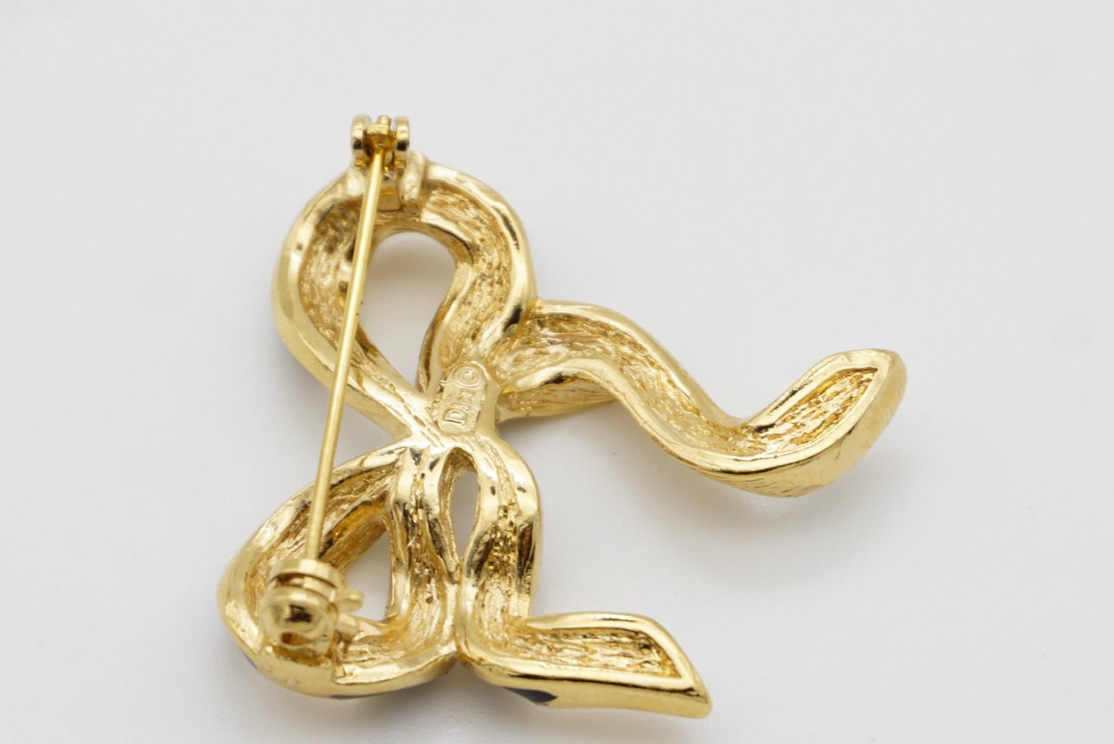 Christian Dior Vintage Black Enamel Crystal Wave Knot Bow Ribbon Gold Brooch For Sale 5