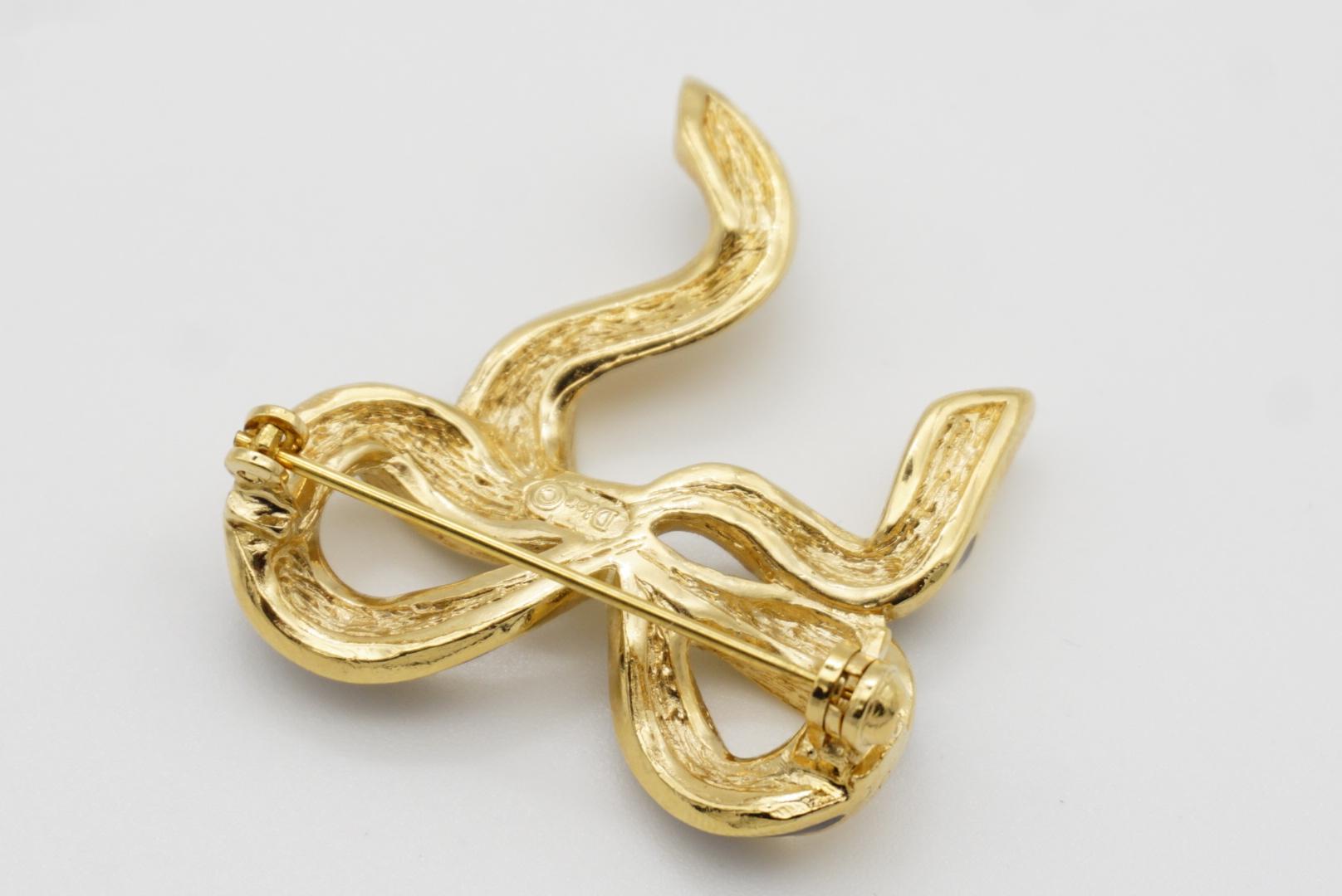 Christian Dior Vintage Black Enamel Crystal Wave Knot Bow Ribbon Gold Brooch For Sale 6