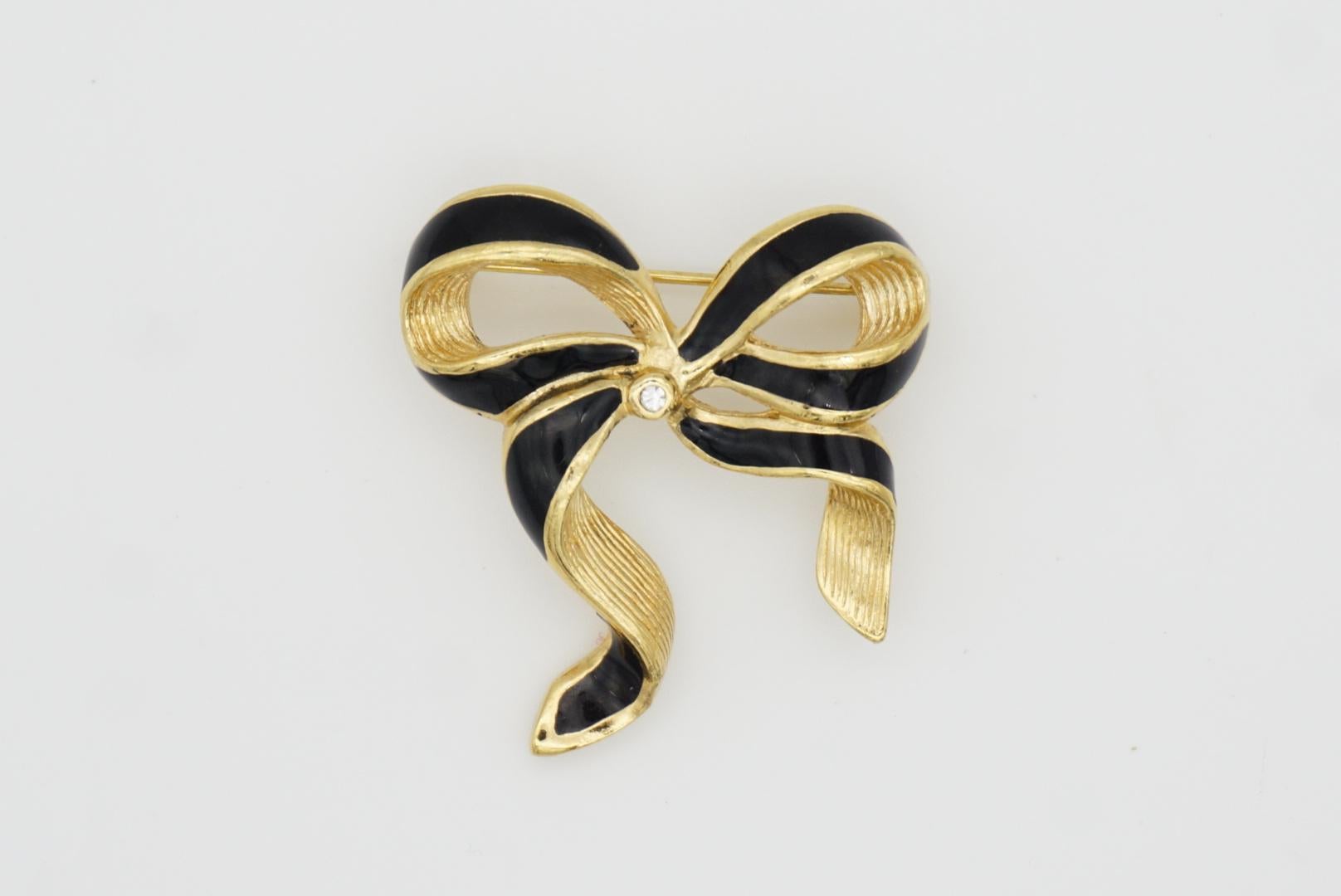Christian Dior Vintage Black Enamel Crystal Wave Knot Bow Ribbon Gold Brooch For Sale 1