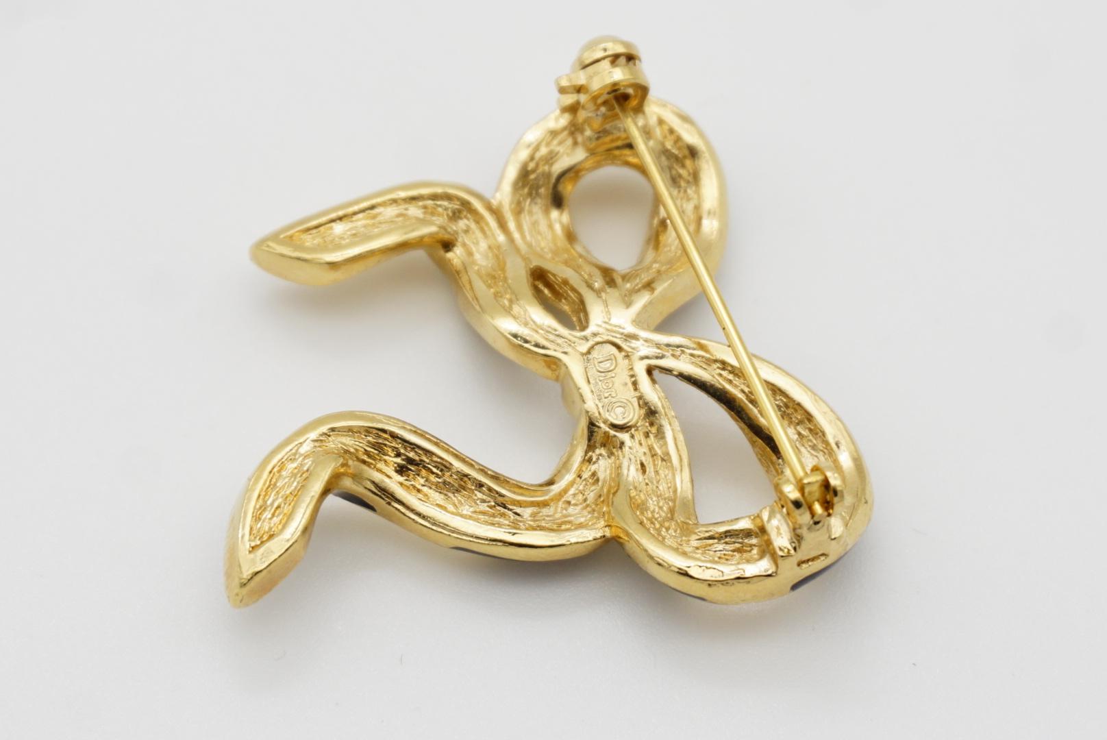 Christian Dior Vintage Black Enamel Crystal Wave Knot Bow Ribbon Gold Brooch For Sale 4