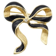 Christian Dior Vintage Black Enamel Crystal Wave Knot Bow Ribbon Gold Brooch