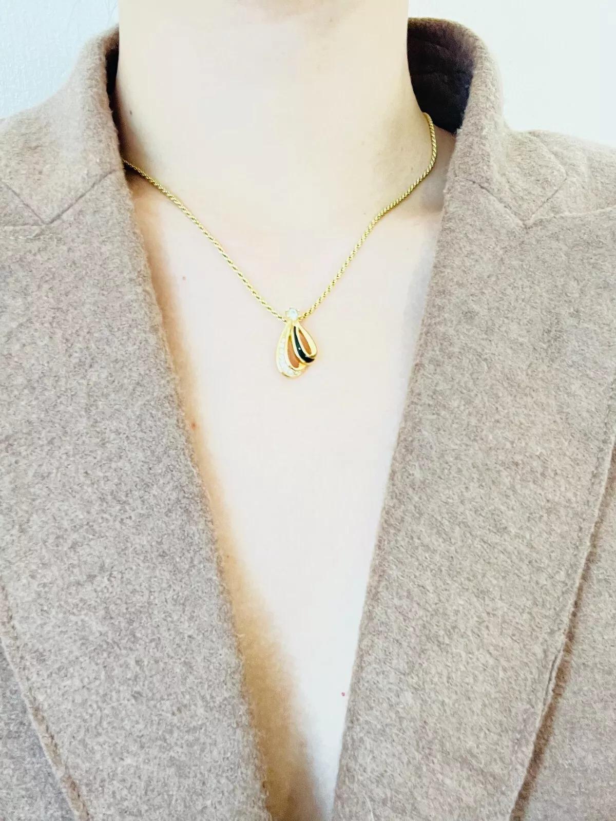 Women's or Men's Christian Dior Vintage Black Enamel Crystals Shell Petal Water Drop Necklace For Sale