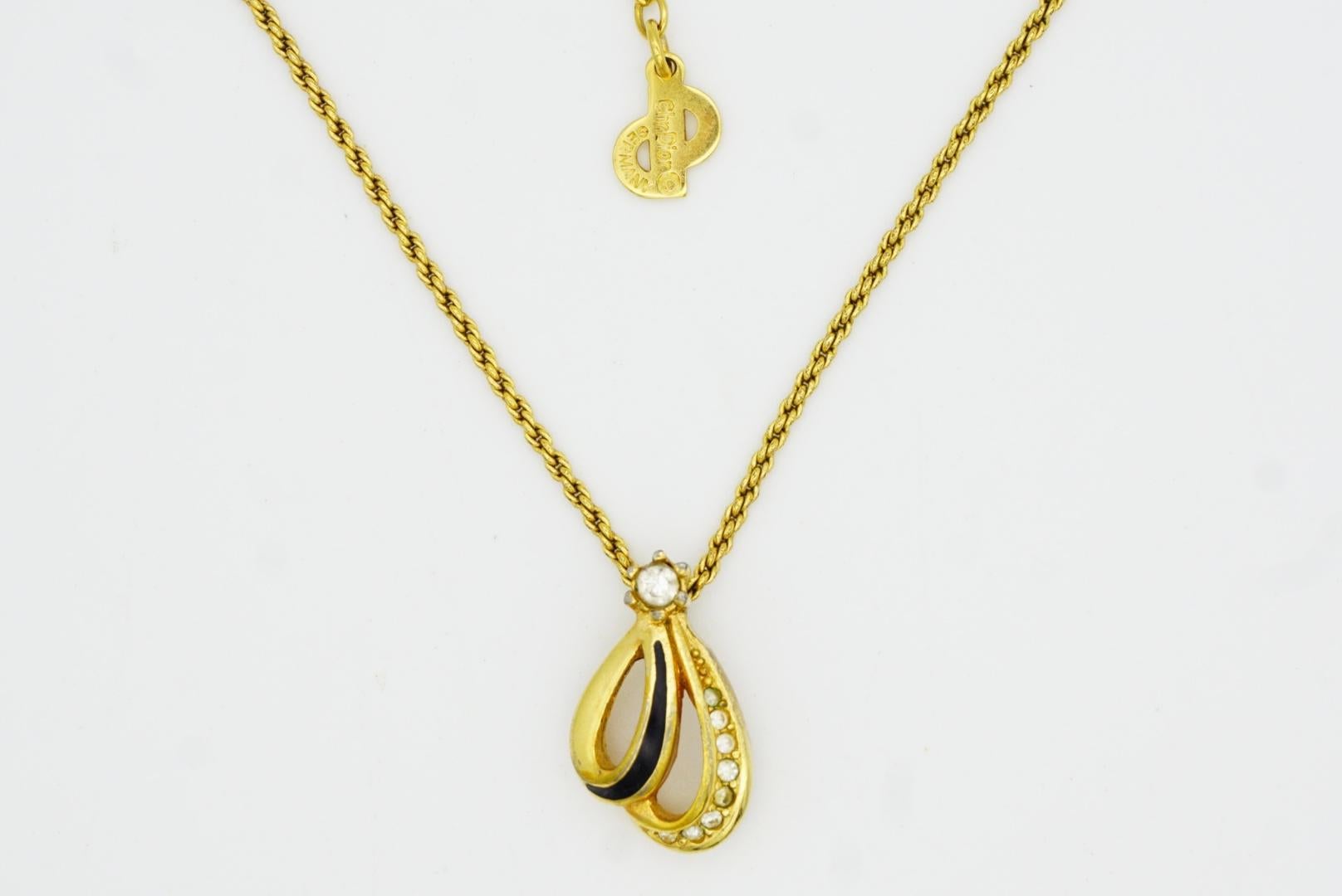 Christian Dior Vintage Black Enamel Crystals Shell Petal Water Drop Necklace For Sale 2