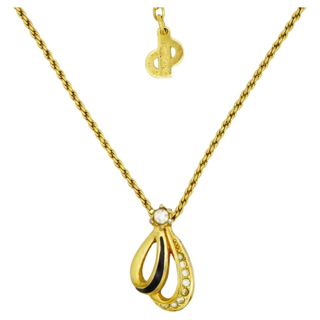 Christian Dior Vintage Black Enamel Crystals Shell Petal Water Drop Necklace For Sale