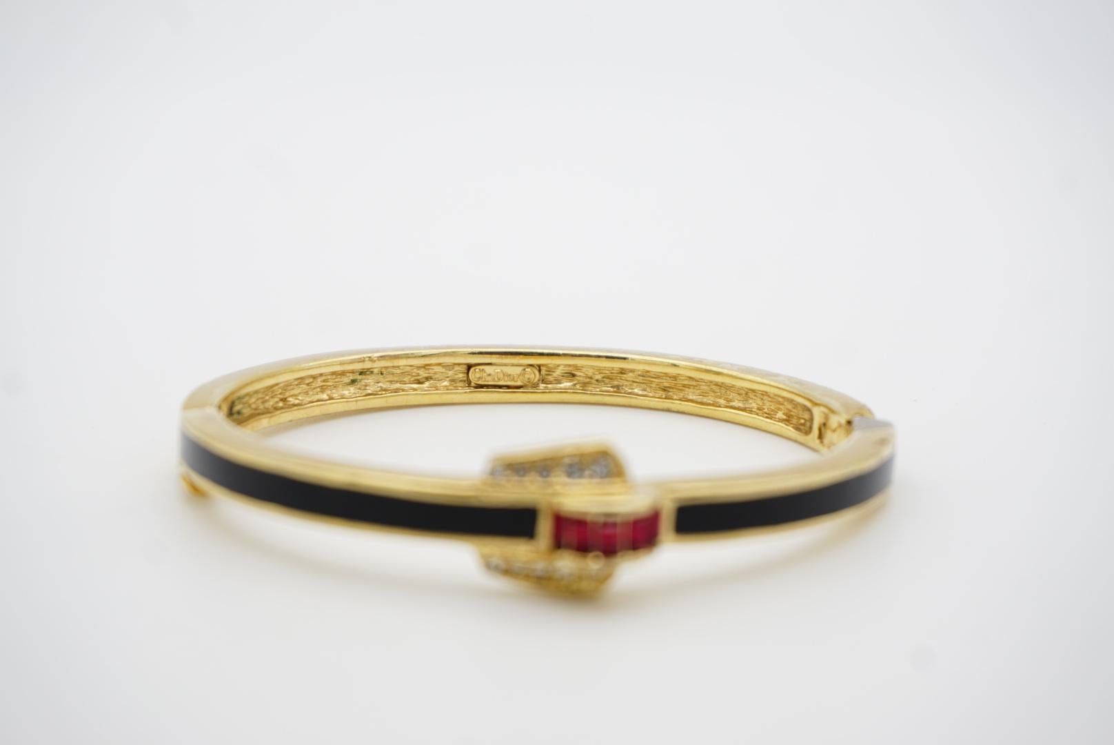 Christian Dior Vintage Black Enamel Ruby White Crystal Gold Cuff Bangle Bracelet For Sale 4