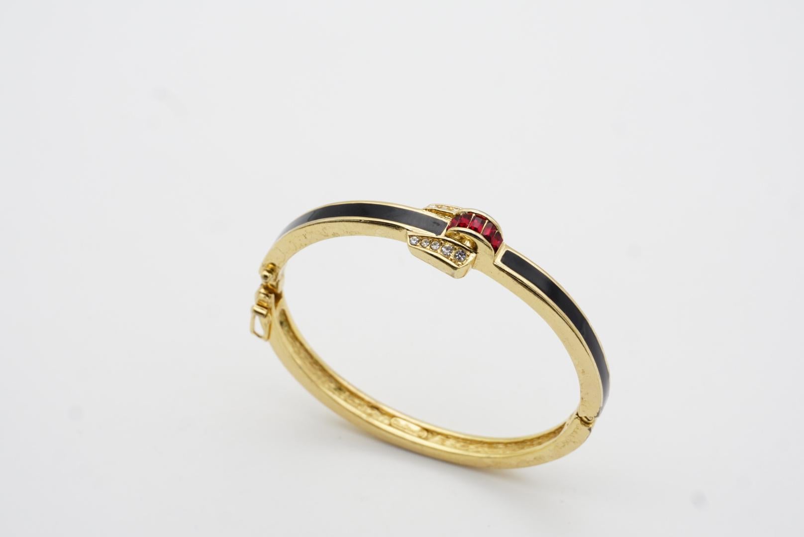 Christian Dior Vintage Black Enamel Ruby White Crystal Gold Cuff Bangle Bracelet For Sale 11