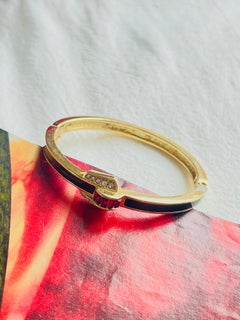 Christian Dior Vintage Black Enamel Ruby White Crystal Gold Cuff Bangle Bracelet