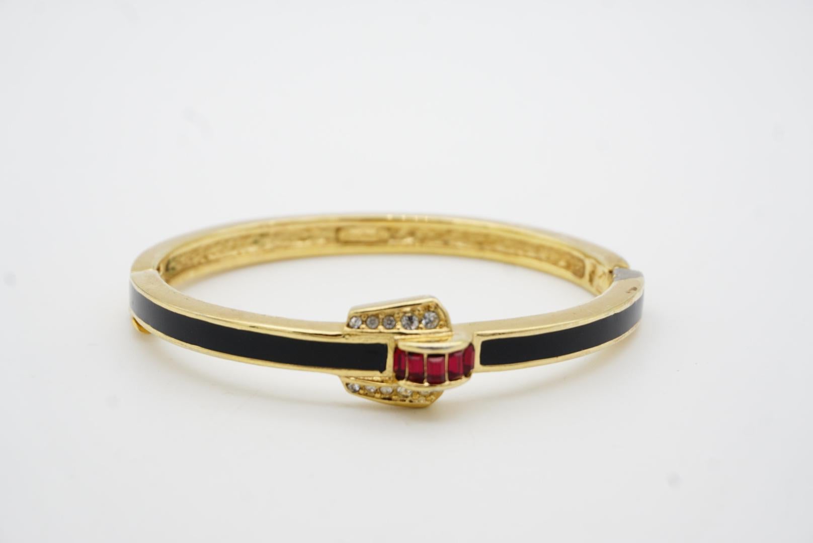 Christian Dior Vintage Black Enamel Ruby White Crystal Gold Cuff Bangle Bracelet For Sale 3