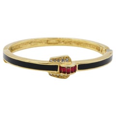 Christian Dior Vintage Black Enamel Ruby White Crystal Gold Cuff Bangle Bracelet