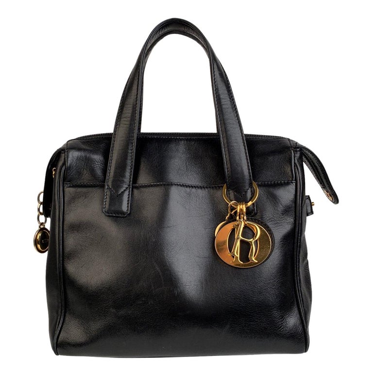 Christian Dior Vintage Black Leather Charms Handbag Top Handles Bag For