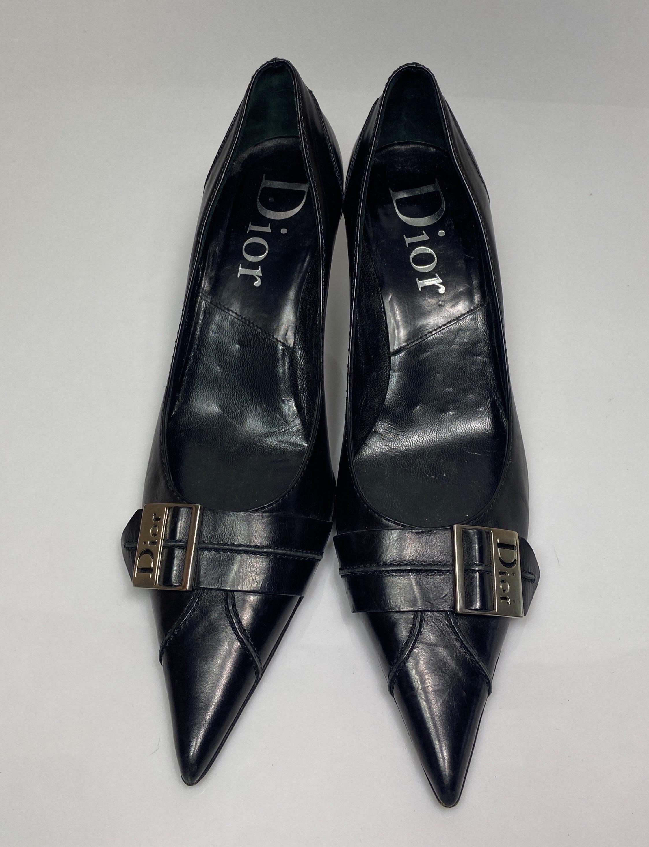 Women's Christian Dior Vintage Black Leather Pump with Silver Dior Buckle-Size 37.5 For Sale