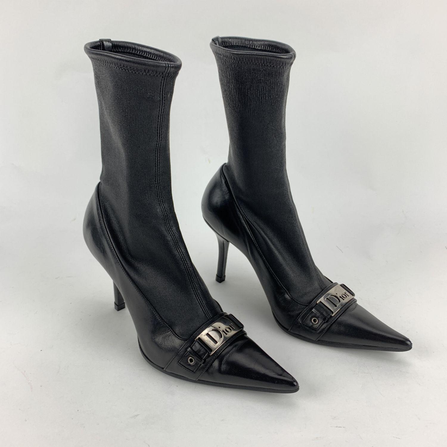 Christian Dior Vintage Black Leather Sock Boots Size 38.5 1