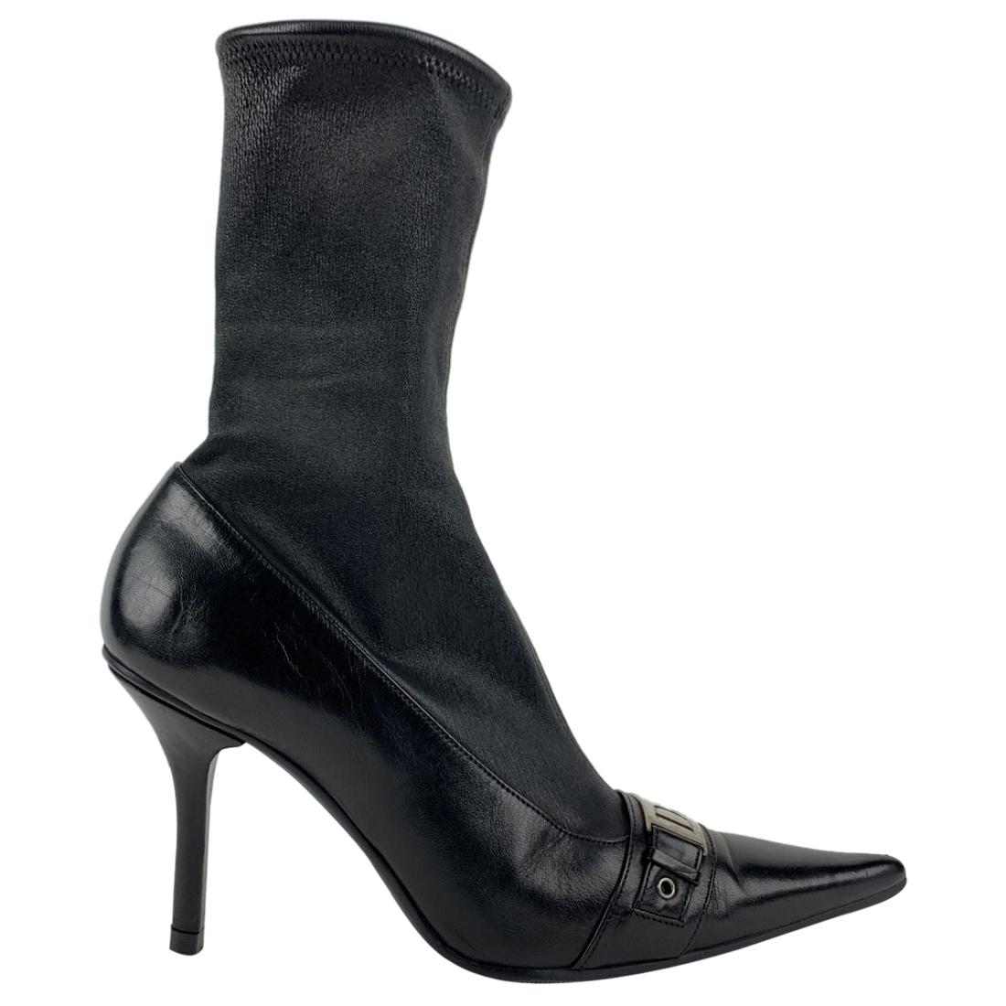 Christian Dior Vintage Black Leather Sock Boots Size 38.5