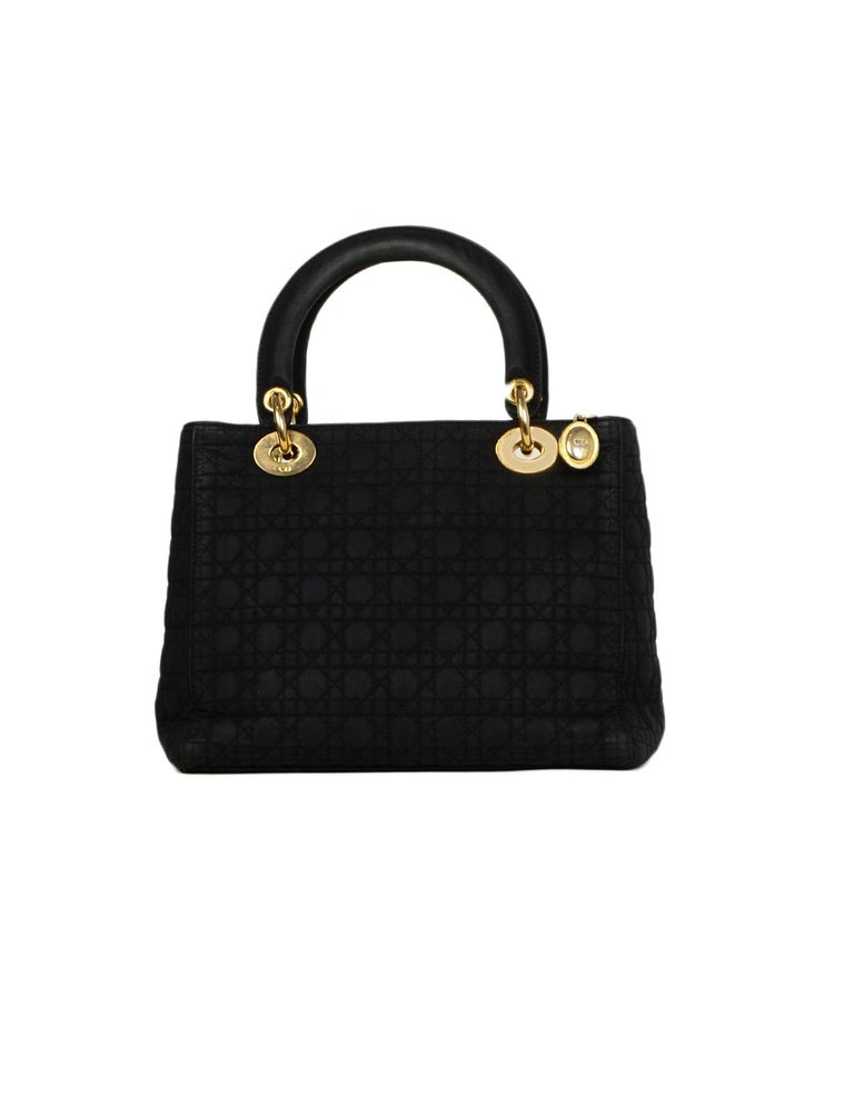 Christian Dior Vintage Black Nylon Cannage Quilted Medium Lady Dior Bag