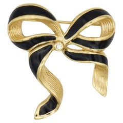 Christian Dior Vintage Black Ribbon Enamel Crystal Wave Knot Bow Gold Brooch