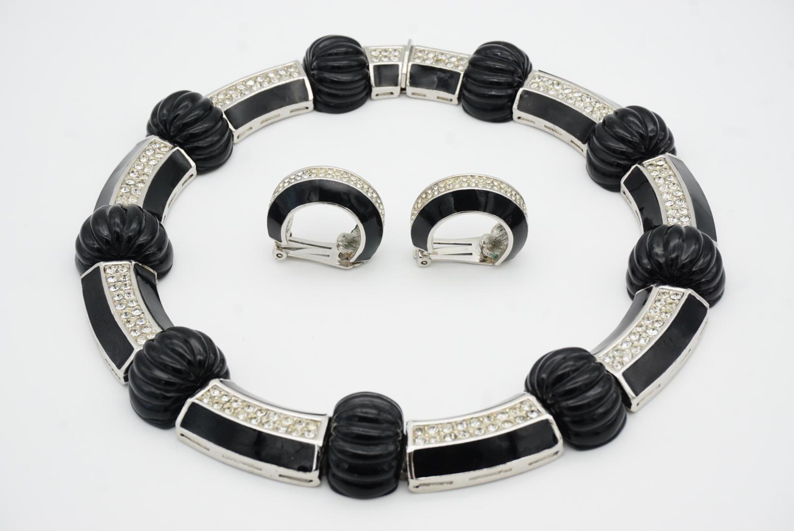 Christian Dior Vintage Black Wide Hinge Link Crystal Carved Scalloped Melon Set in vendita 7