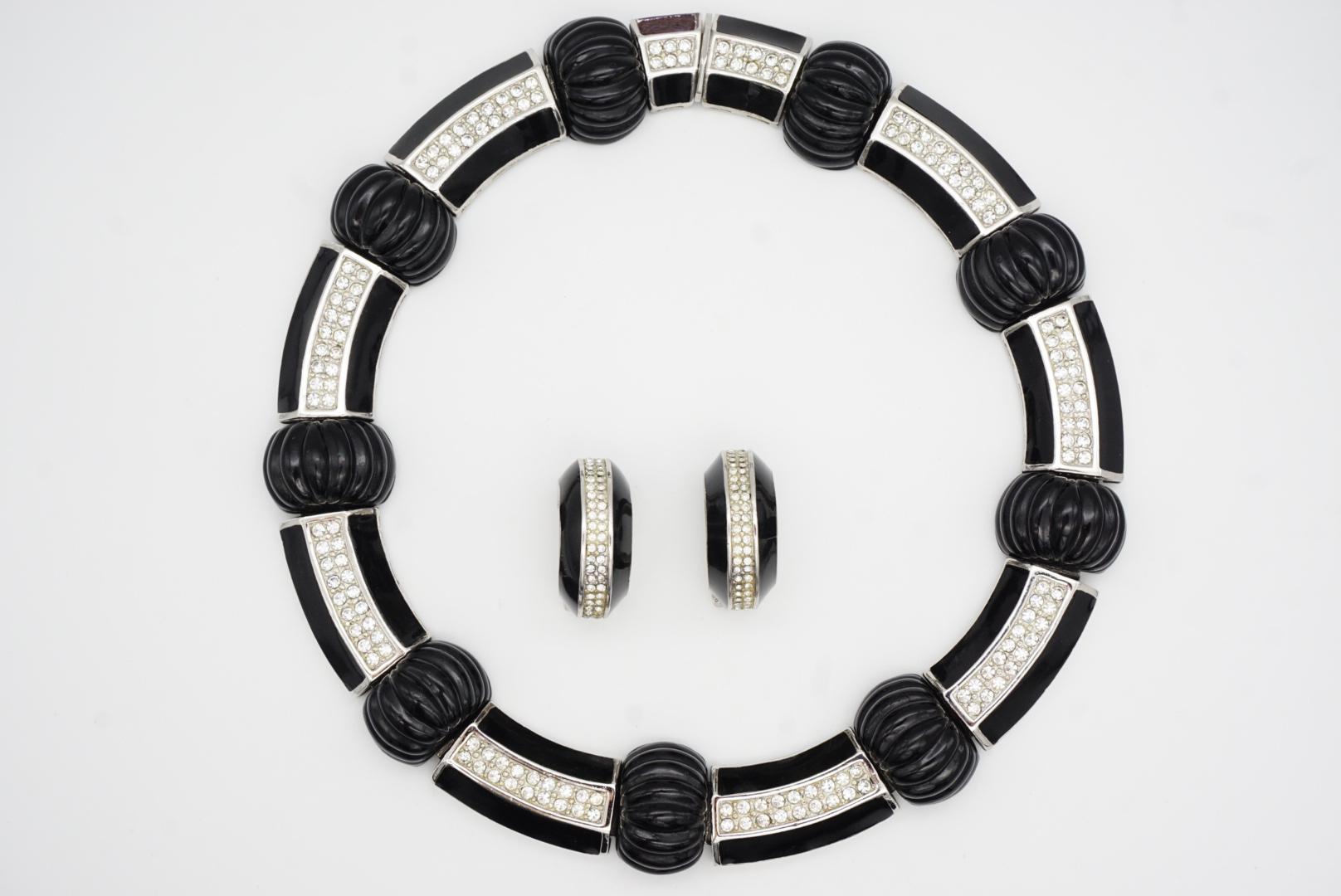 Christian Dior Vintage Black Wide Hinge Link Crystal Carved Scalloped Melon Set in vendita 8