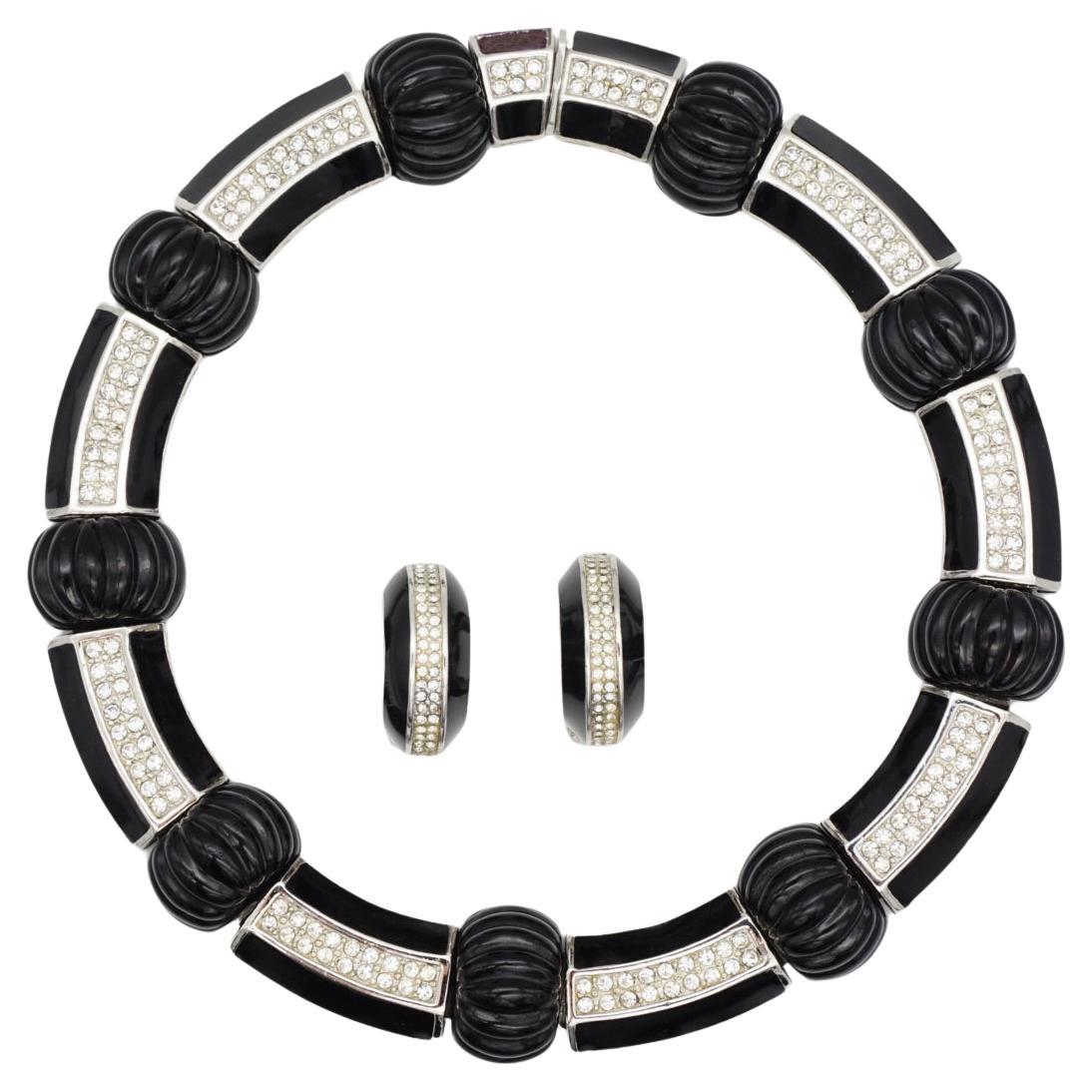 Christian Dior Vintage Negro Bisagra Ancha Eslabón Cristal Tallado Melón Festoneado Conjunto