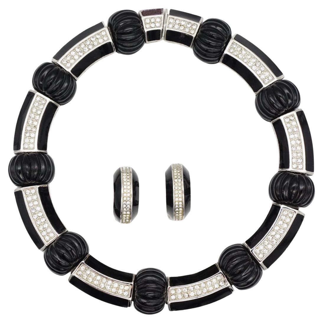 Christian Dior Vintage Black Wide Hinge Link Crystal Carved Scalloped Melon Set