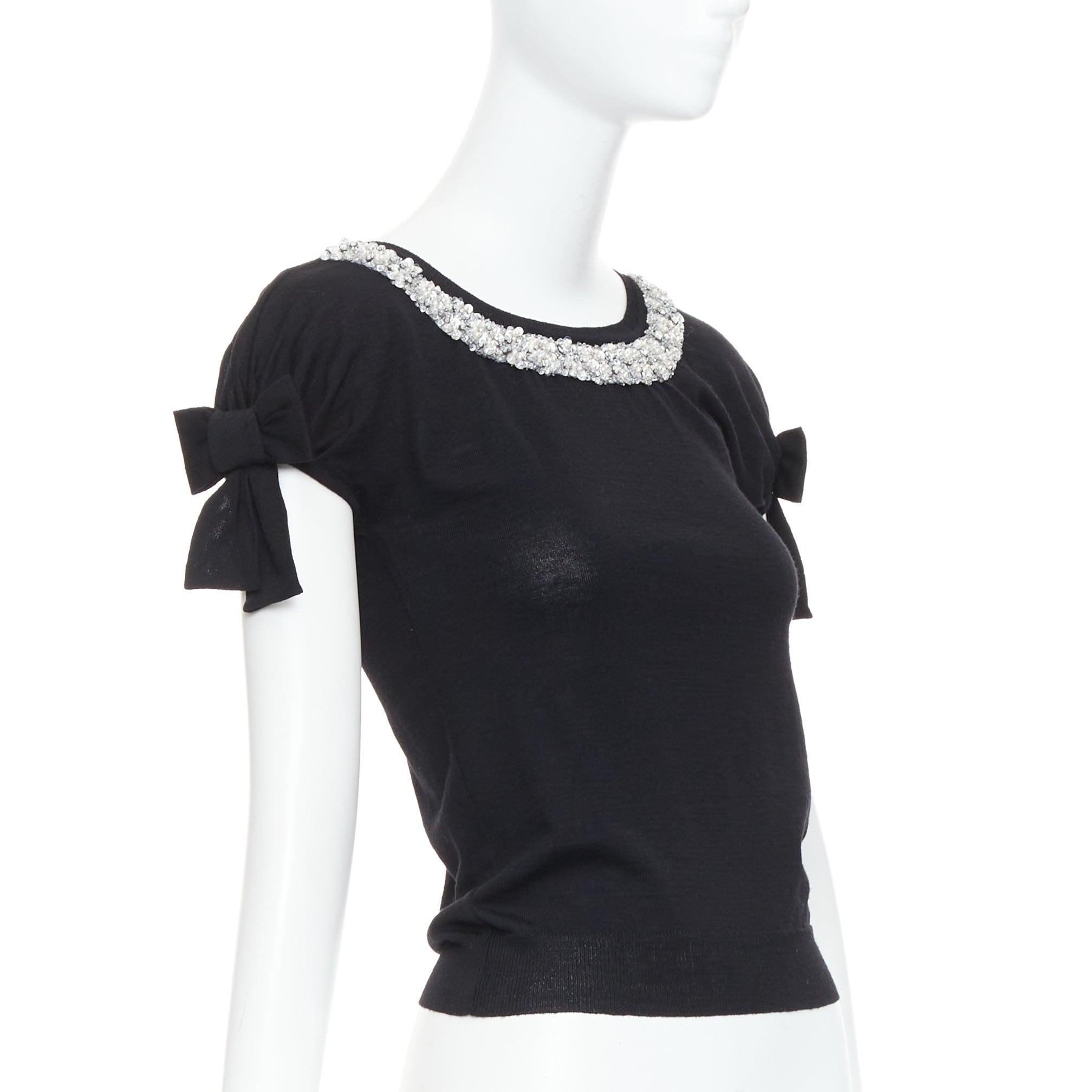 Black CHRISTIAN DIOR Vintage black wool glass embellished collar sweater FR34 XS For Sale