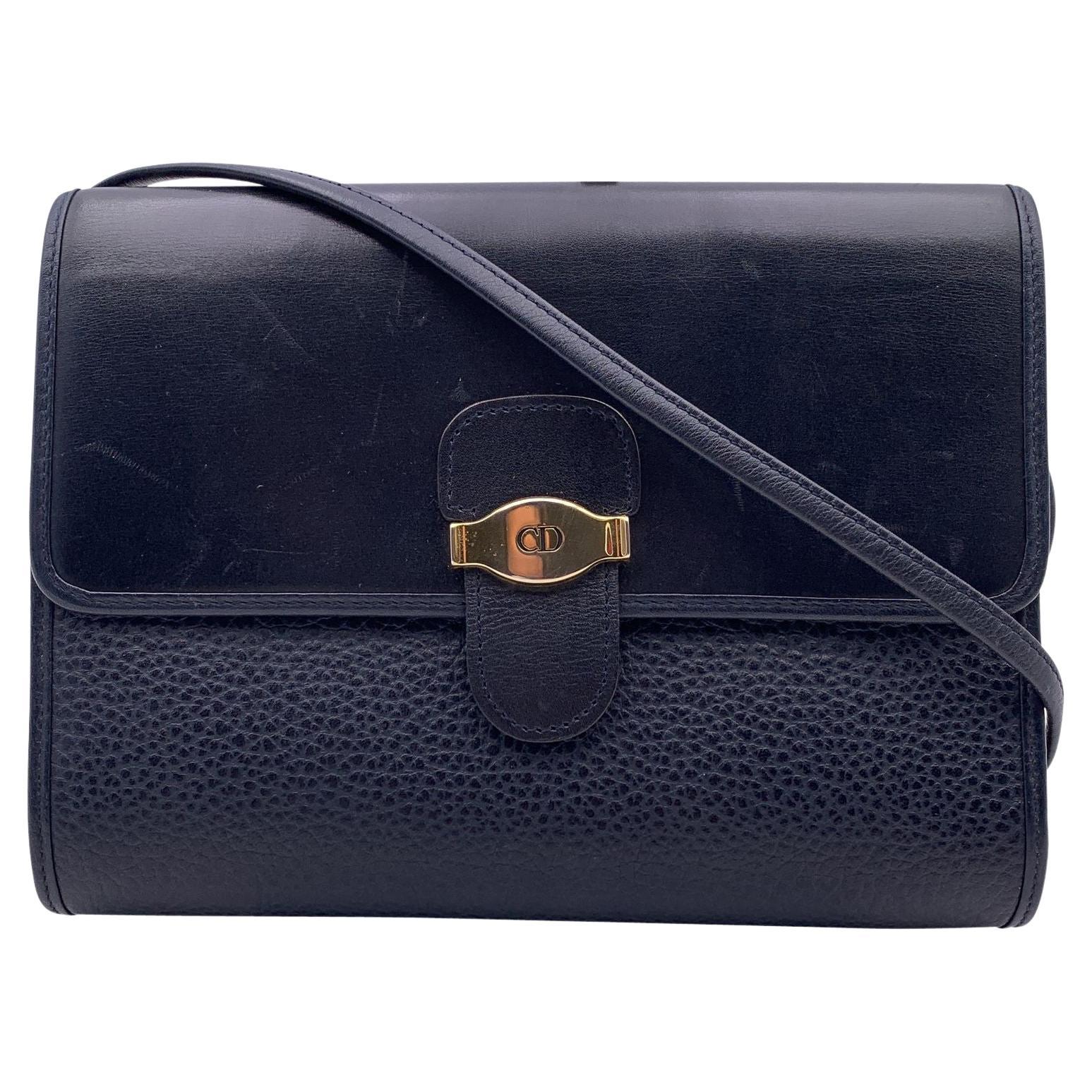 Christian Dior Vintage Blue Leather Gold Logo Shoulder Crossbody Bag For Sale