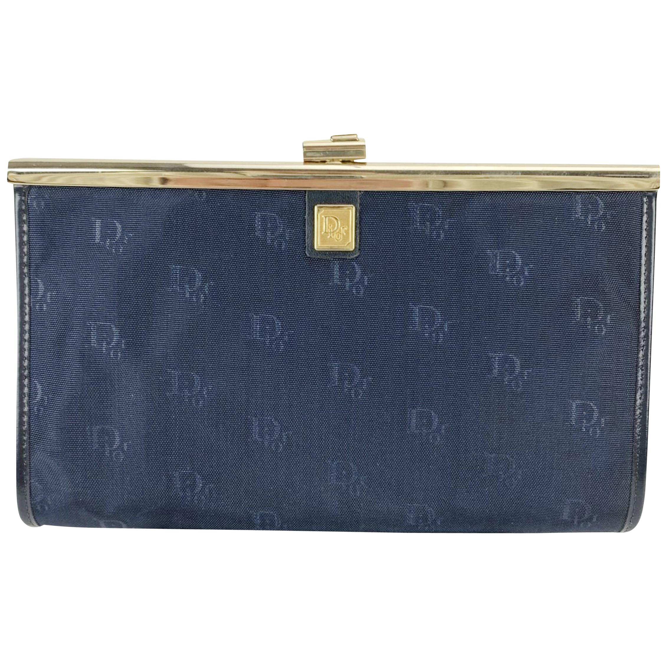 Christian Dior Vintage Blue Logo Canvas Small Clutch Bag Purse