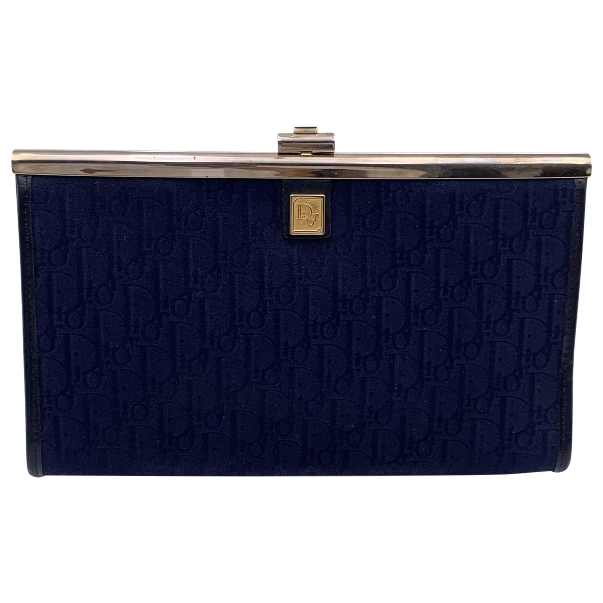 Christian Dior Vintage Blue Logo Canvas Small Clutch Bag Purse